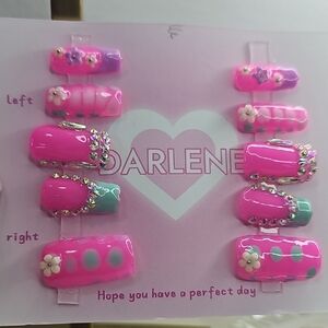 #0005 Pink Nail Art Set Of 10 With Adhesive Pads Size Medium (Might Fit a Large)